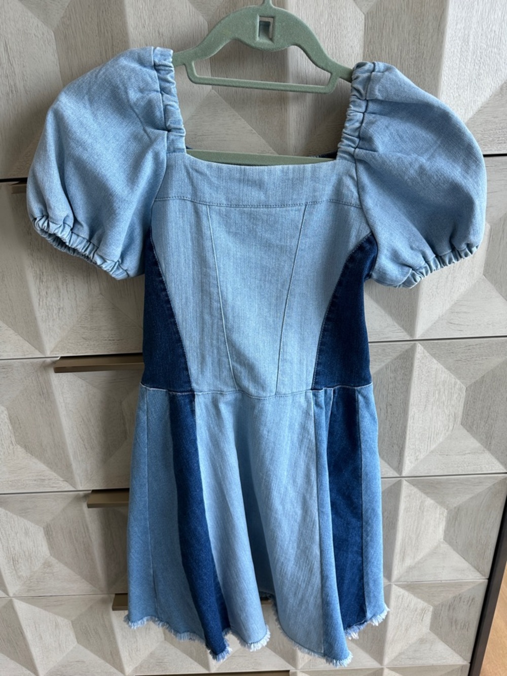 Habitual Two-Tone Light and Dark Blue Denim Puff Sleeve Dress